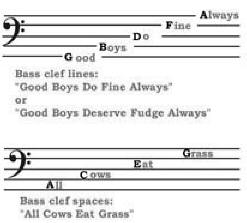 image containing mnemonics techniques to remember lines and spaces of bass clef