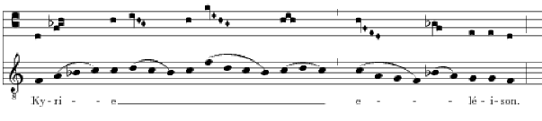 image showing comparison below between Gregorian neumes and modern notation