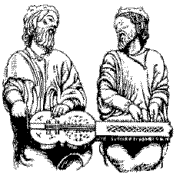 image of organistrum players (one playing, one cranking)